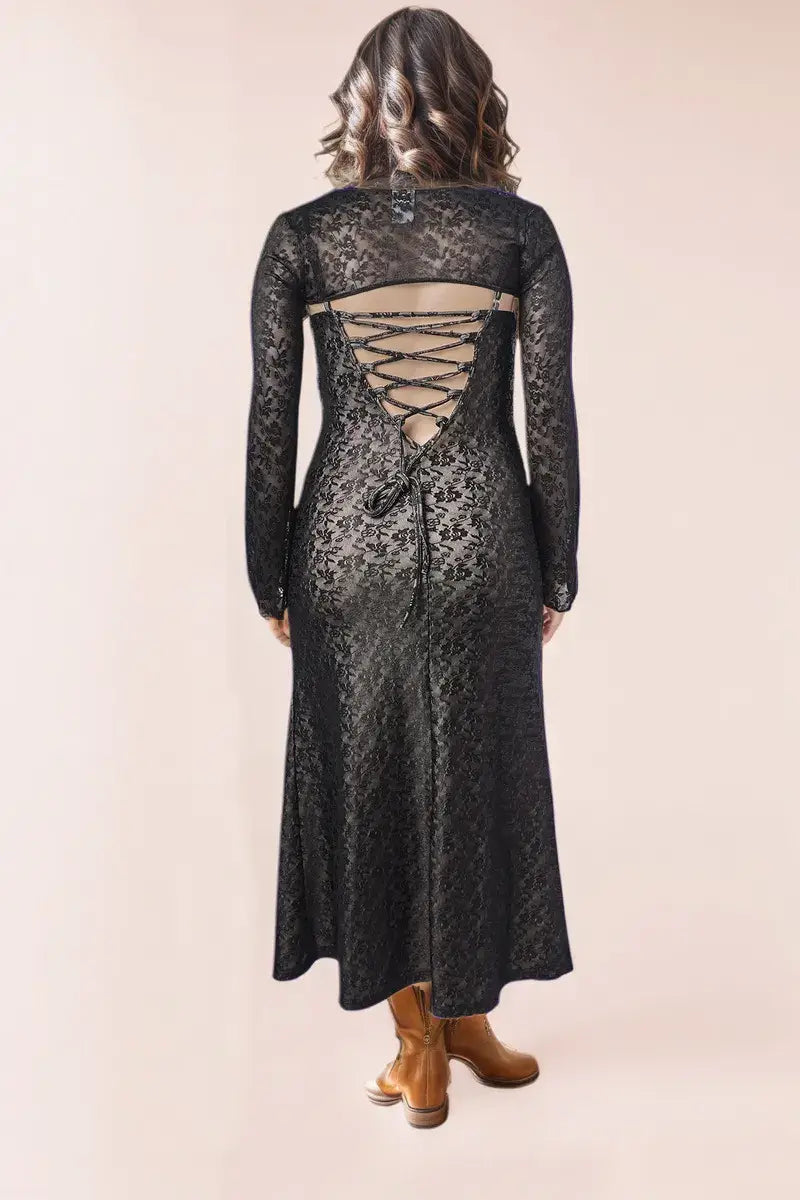 SunmolySexyBlack_Lace Knit Shawl & Cami Midi Dress Set back view