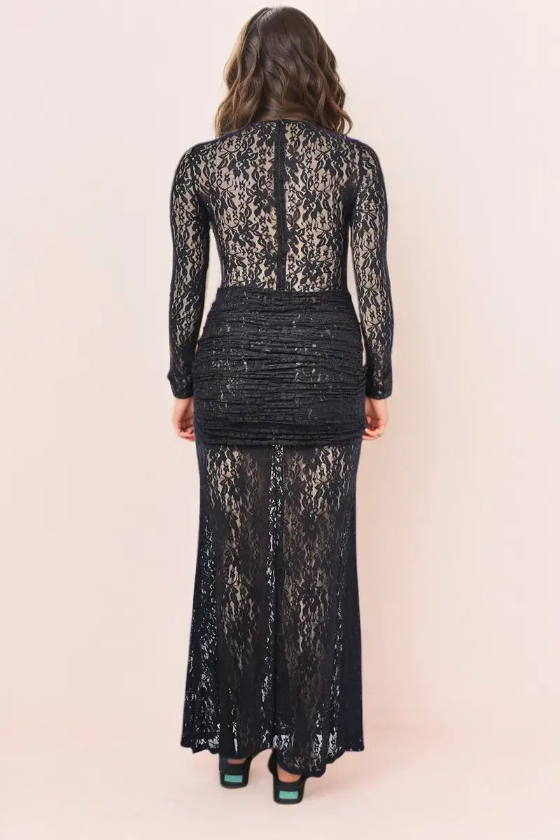 SunmolySexyBlack_Sculpt Lace Draped Maxi Dress-back view