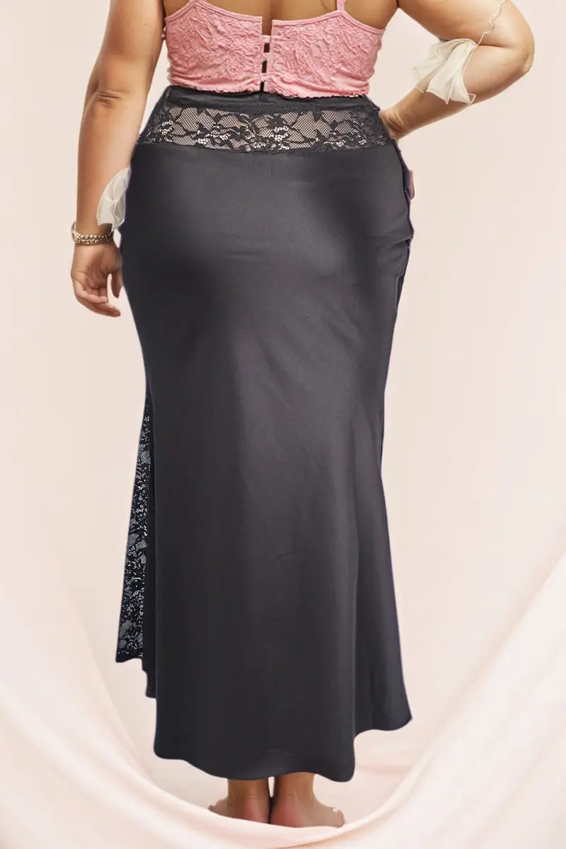 Sunmoly_Sexy_Black_Satin_Lace_Skirt back view
