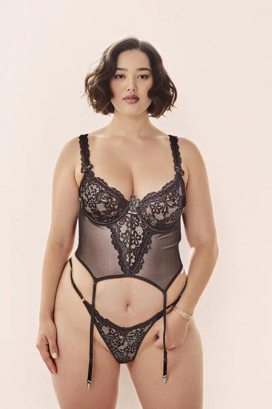 SunmolySexyBlack_Lace Garter Belt Underwire Lingerie Set
