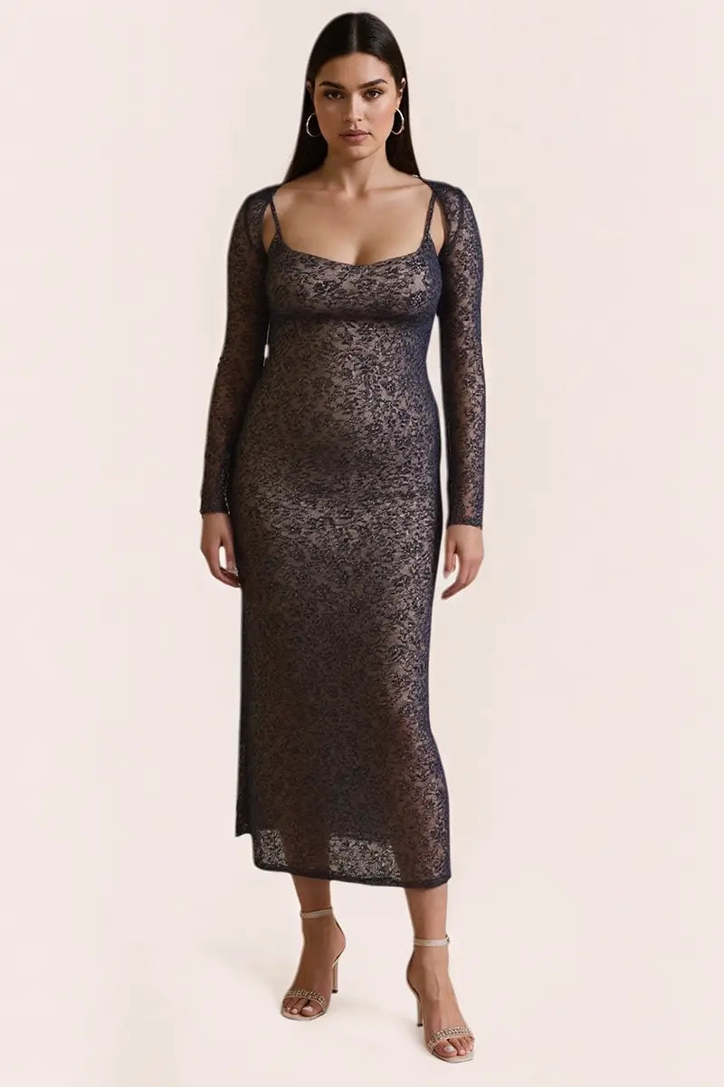 SunmolySexyBlack_Lace Knit Shawl & Cami Midi Dress Set