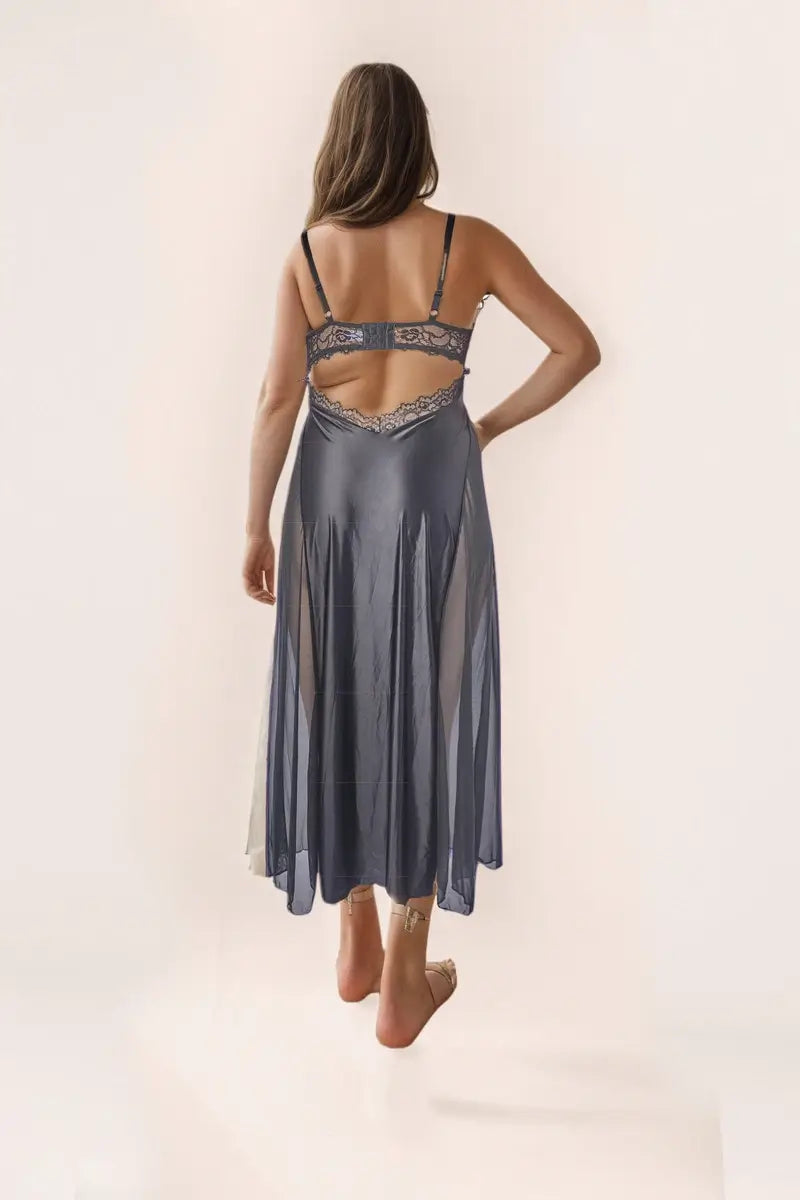 SunmolySexyBlack_Lace Satin  Mesh Underwire Midi Slip Dress Back View