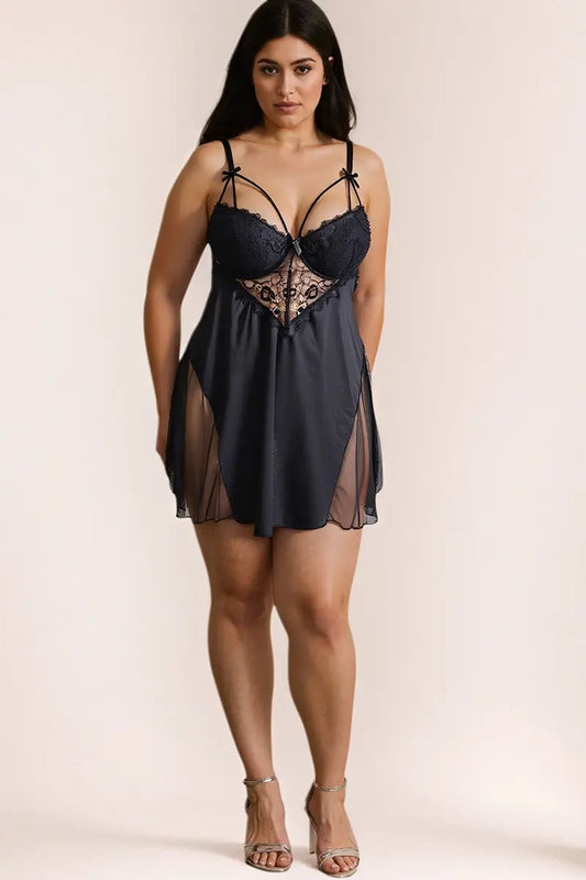 SunmolySexyBlack_Lace Strappy Underwire Slip Babydoll Dress