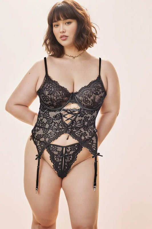 Lace Garter Belt Open Gusset Underwire Lingerie Set